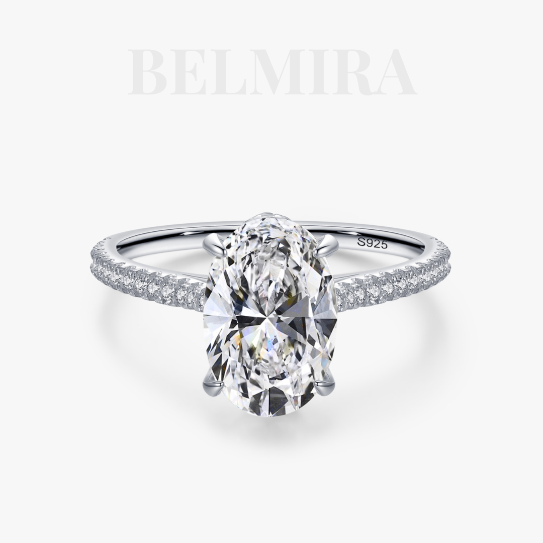 Anel Belmira Elipse Radiante - Prata 925 com Pedra Oval e Laterais Cravejadas