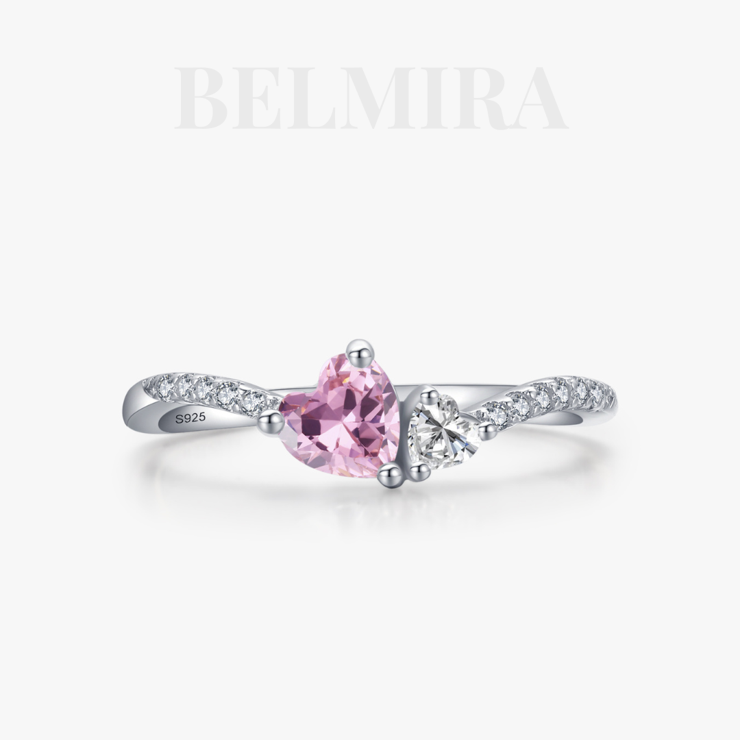 Anel Belmira Coração Rosa Encanto - Prata 925 com Pedra Coração e Aro Cravejado