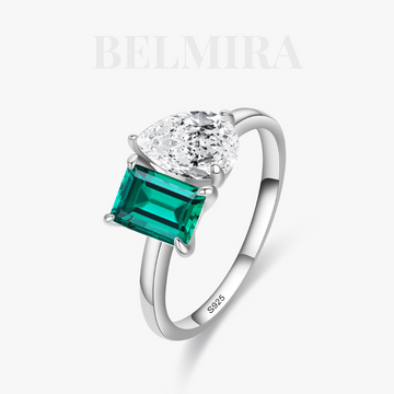 Anel Belmira Verde Nobre - Prata 925 com Zircônia Verde e Design com Duas Pedras